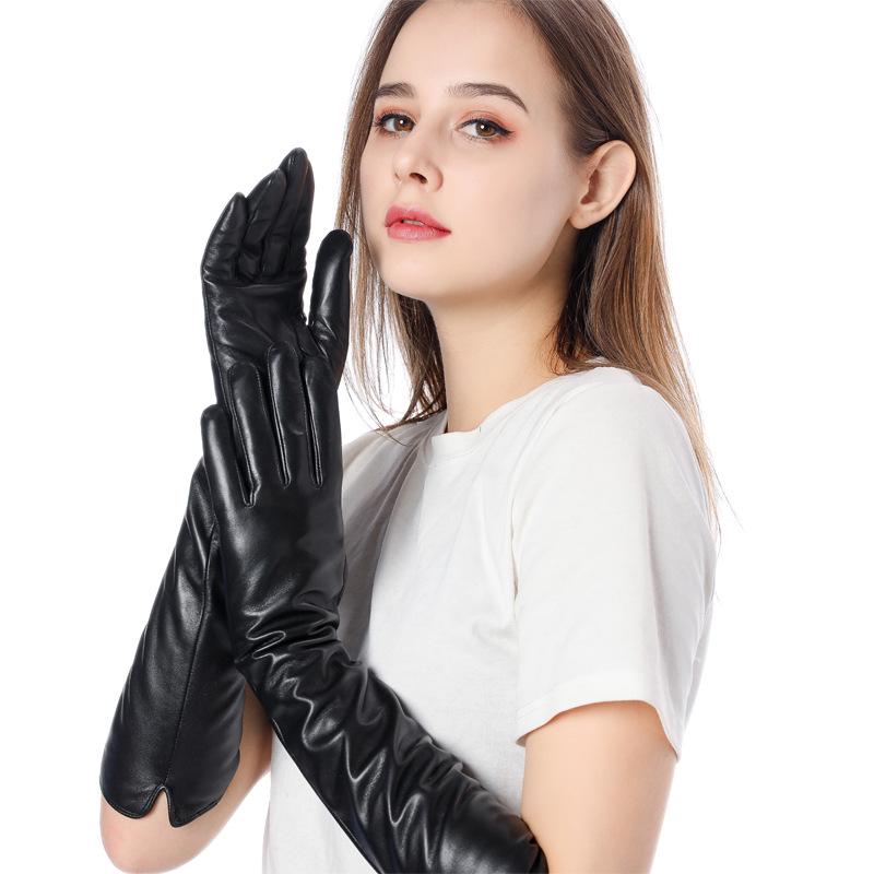 Customized 45cm Women's Long Sheepskin Leather Gloves with Fleece for Autumn and Winter Warmth.