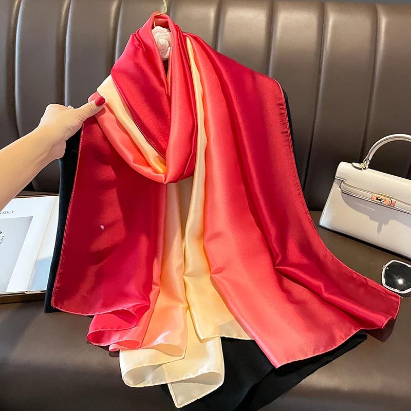 

2025 Gradient Silk Scarves Women Luxury Brand Hijab Scarf Foulard Femme Shawls Wraps Silk Bandana Head Scarf Hijab Beach Poncho 180CM