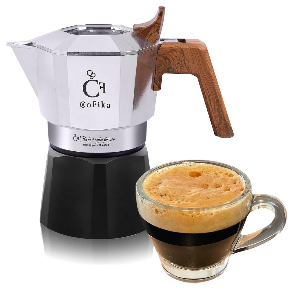 CoFika Crema Rich rich and creamy Moka espresso for high pressure x [Produces crema] pot, direct-fire maker, 1-2 cups, (silver black)