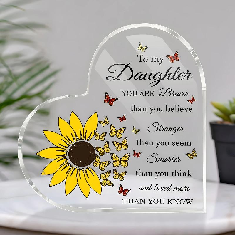 

2D Flat Heart-Shaped Sunflower Acrylic Desktop Decoration Plaque, Butterfly & Floral Design, Home Decor Plaque Hanging Wall Art Decorative Garden Deco 10x10x1cm