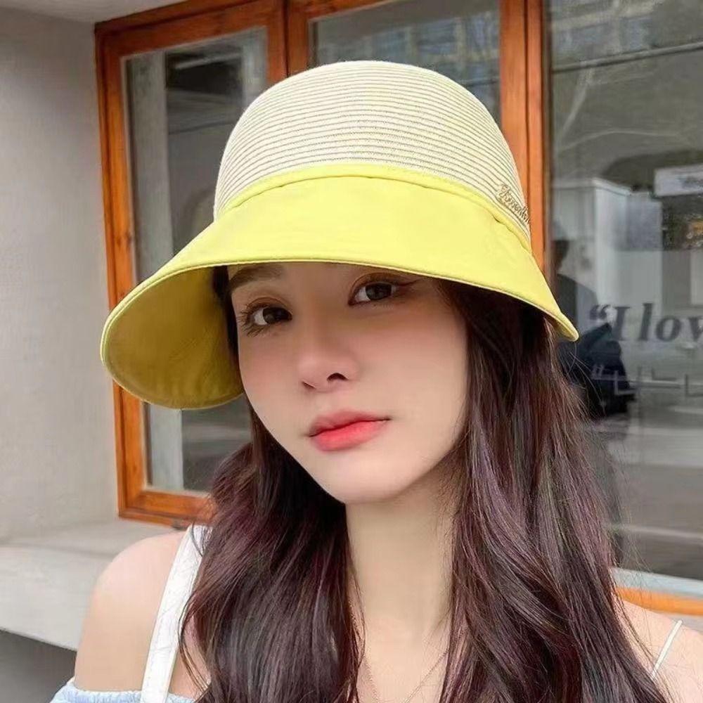 Solid Color Women's Straw Hat UV Protection Fisherman Cap Casual Sun Protection Cap  Beach