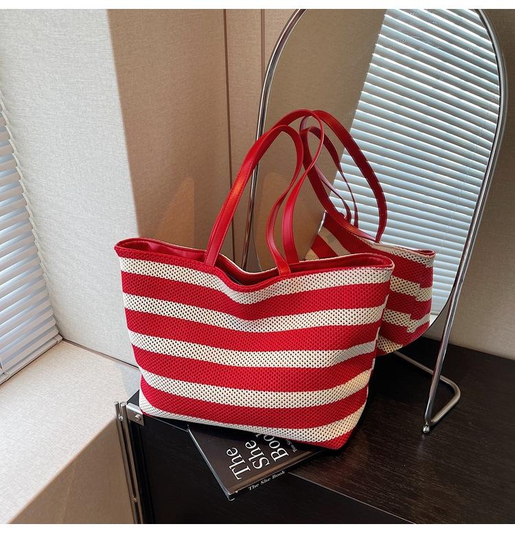 2025 Korean Version of Large-capacity Tote Bag Contrasting Color Striped Bucket Bag Summer New Hollow Lazy Wind Woven Bag