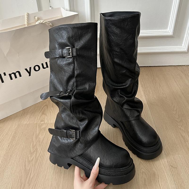 

Pants boots women s boots 2025 new autumn British style belt buckle thick sole height increase thin boots children 35 чёрный