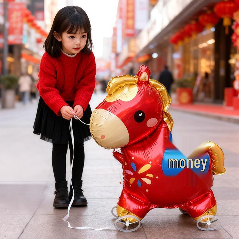 

Year of the Horse Aluminum Foil Balloon with Wheels - Walking, Wealth-Attracting Cartoon Design for Night Market Stalls