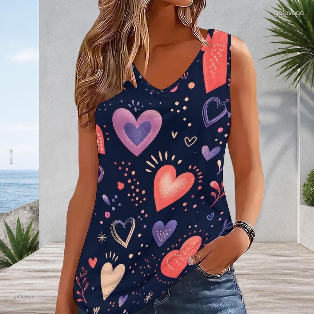 Women Plus Size Sleeveless V Neck Tank Top Vibrant Rainbow Heart Balloon Star Colorful Print Casual Top