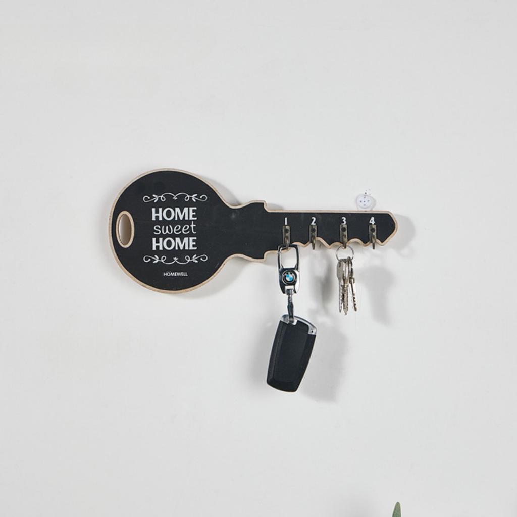 Decorative Key Holder for Wall, Home Sweet Home Design, 4 Hooks, Black