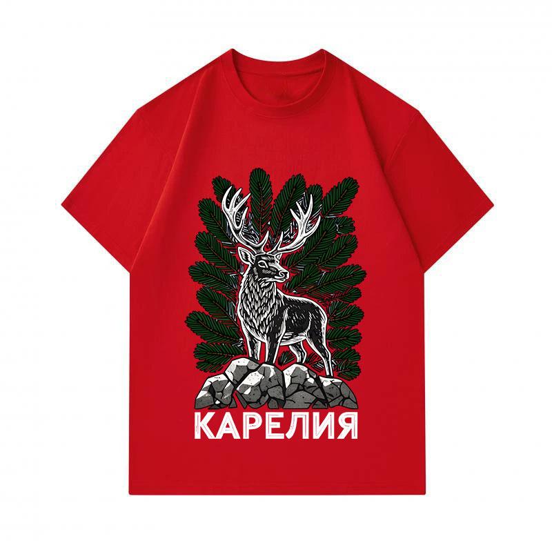 Men's 100% Cotton Short Sleeve Crew Neck T-shirt, Retro Karelia Deer Pine Nature Printed Casual Daily Comfortable Lightweight Tee for Outdoor Lover