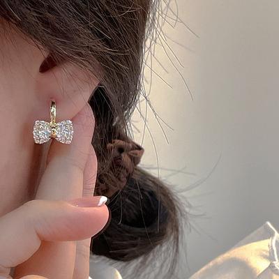 Light Luxury Bow Zirconia Earrings Female Niche Unique Design Senior Sense of Super Fairy Hundreds of Temperament Earrings Studs Versatile Daily Wear