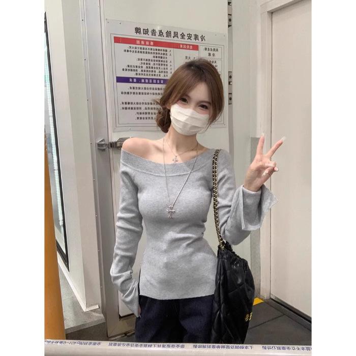 Spice girl pure desire one-word shoulder top bottoming shirt split design off-shoulder sexy tight flared sleeve knitted sweater