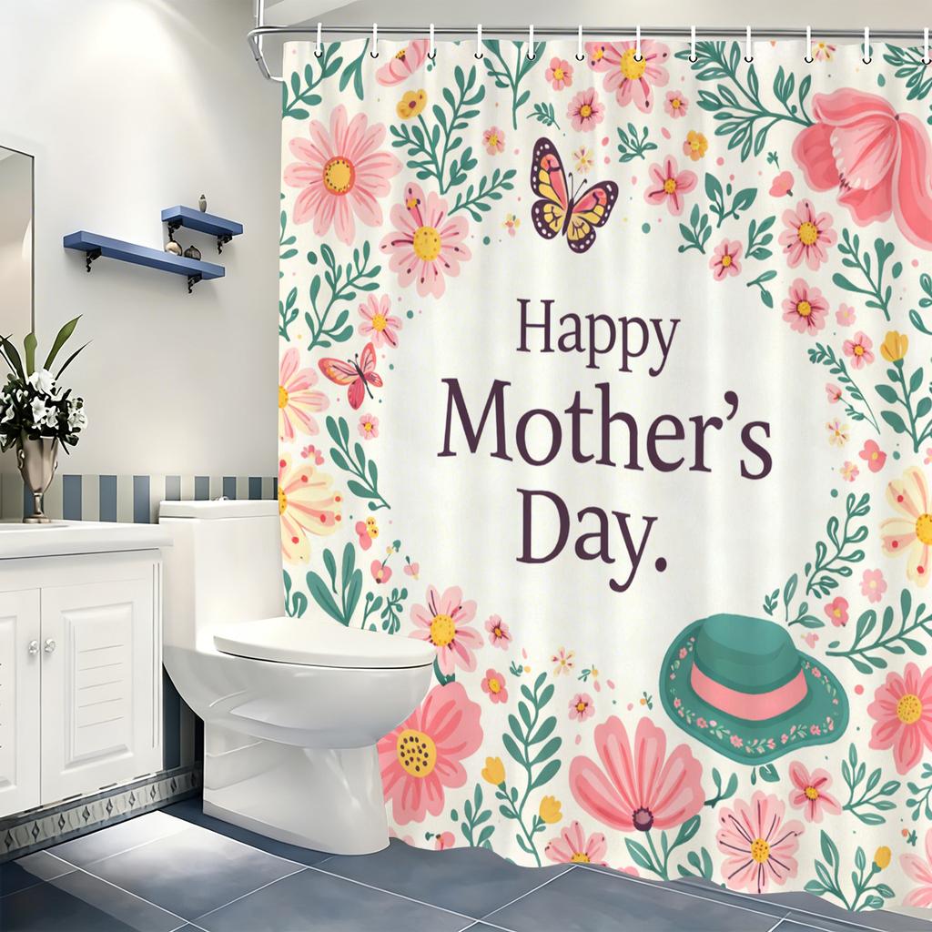 Happy Mother'S Day Themed Polyester Shower Curtain - Floral & Heart Printed Bathroom Decorative Curtain