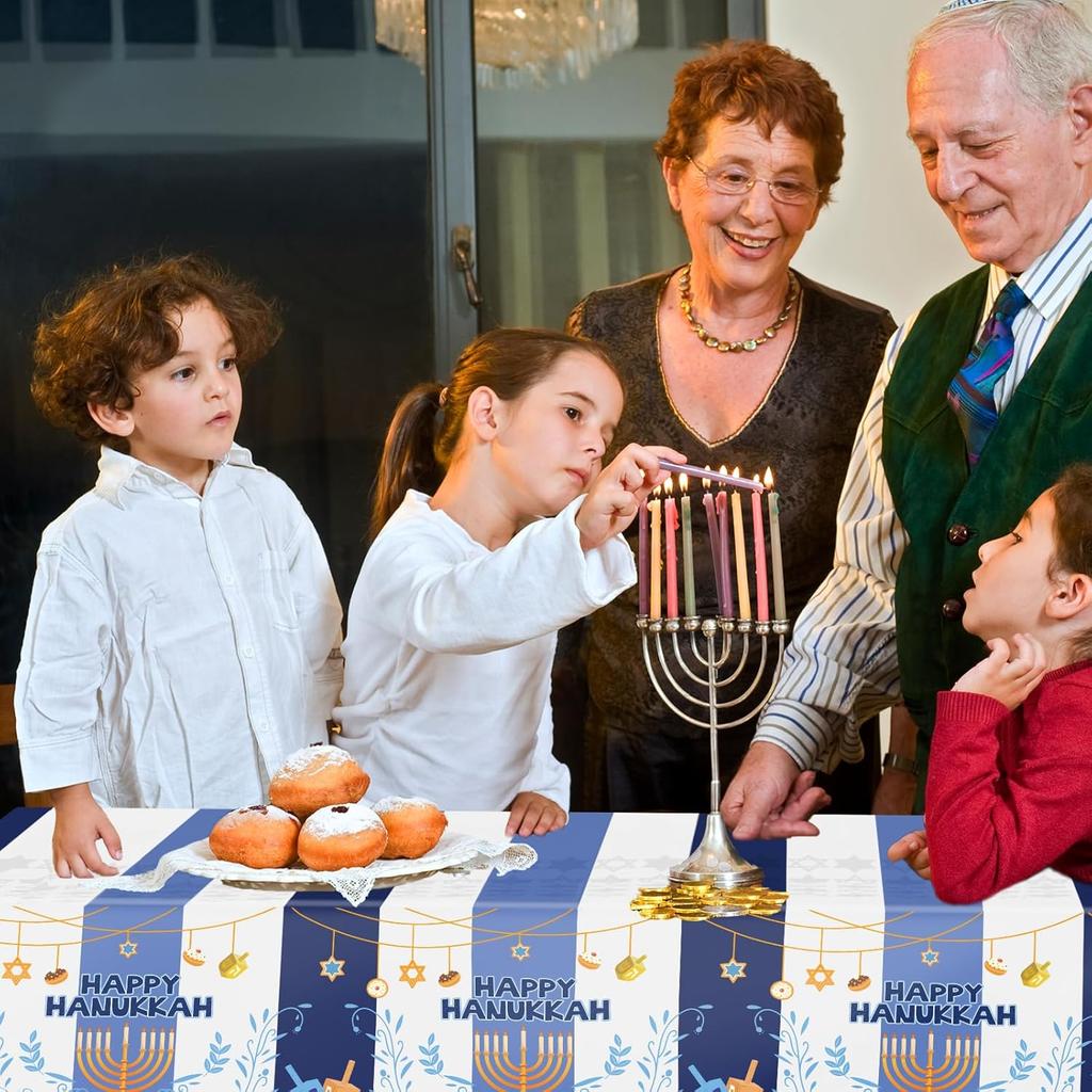 Fancy Land 3Pcs Hanukkah Tablecloth Happy Hanukkah Disposable Plastic Table Cover Blue and White Chanukah Decorations with Menorah Star of David for