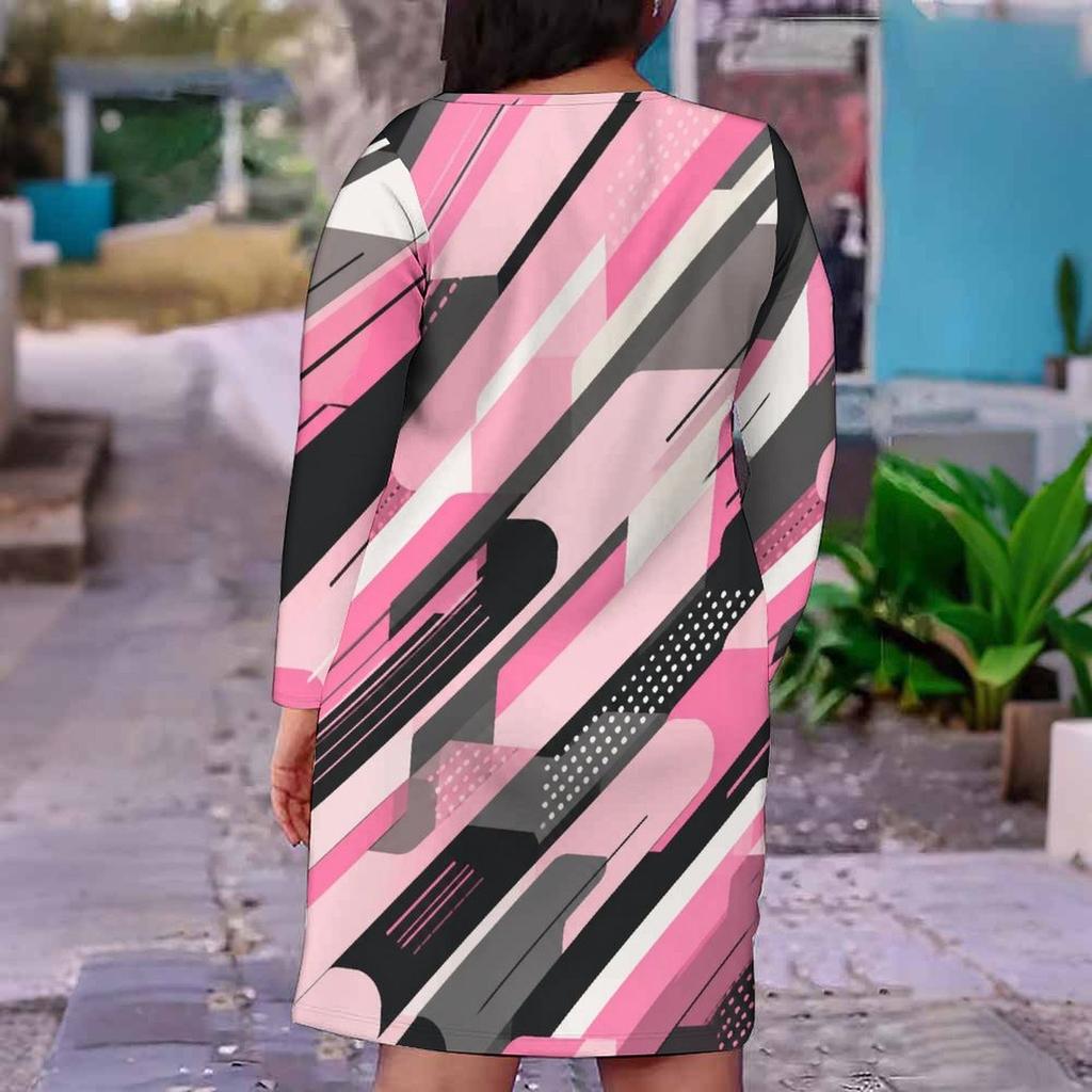 Damen Übergröße V-Ausschnitt Langarm Geometrisch Bedrucktes Figurbetontes Midi-Kleid