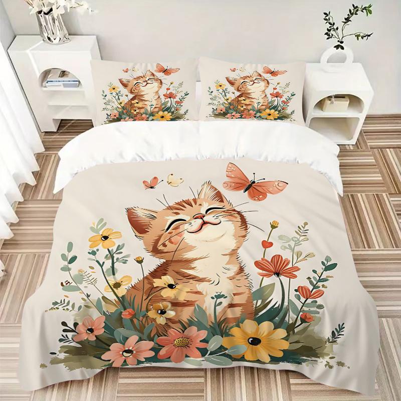 3pcs Butterfly and Cat Pattern Bedding Three-Piece Set (1 Cover + 2 Pillowcases, No Fillings), This Printed Bedding Set Is Soft and Comforta