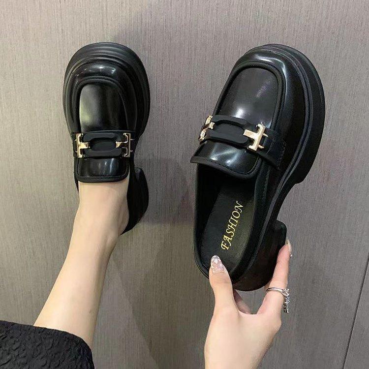 Fashion Women's Shoes 2024 New French Platform Half-tow Loafers Versatile Single British Style Small Leather Shoes