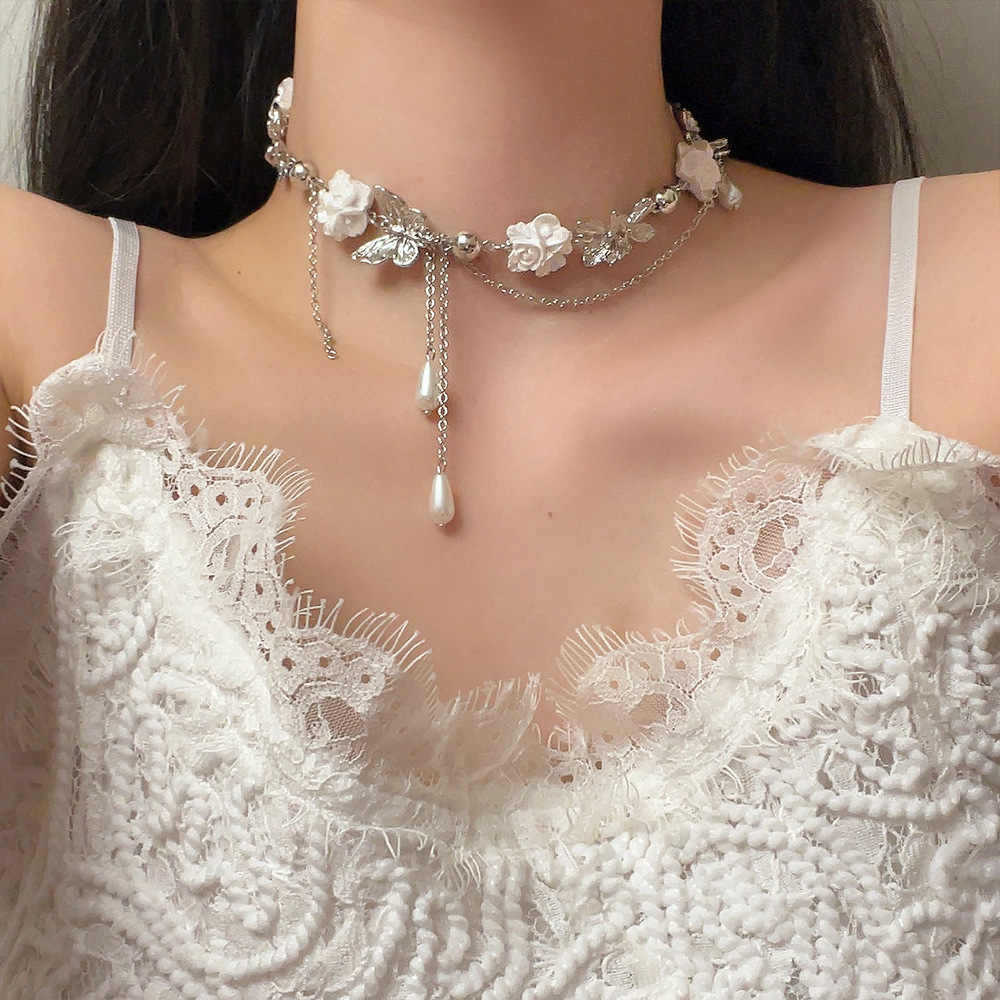 White Flower Butterfly Pearl Tassel Choker for Women Light Luxury Niche Necklace