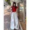Plus Size High Waist Retro White Wide-Leg Jeans for Women - Summer 2025 Trendy Slimming Floor-Length Pants