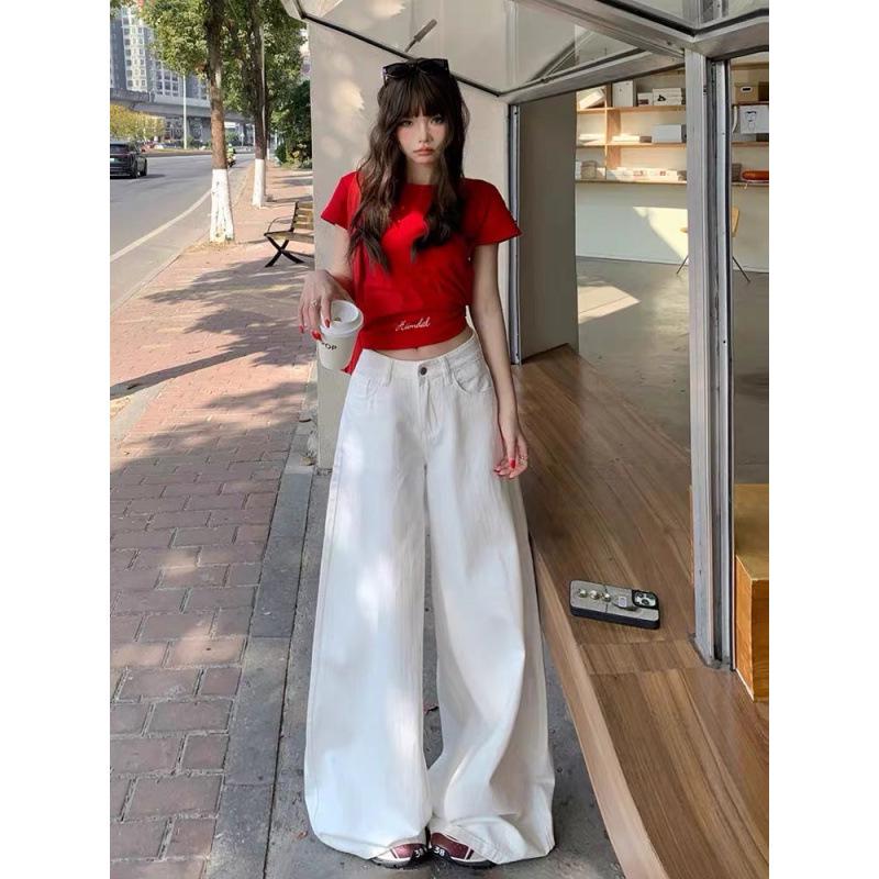 Plus Size High Waist Retro White Wide-Leg Jeans for Women - Summer 2025 Trendy Slimming Floor-Length Pants