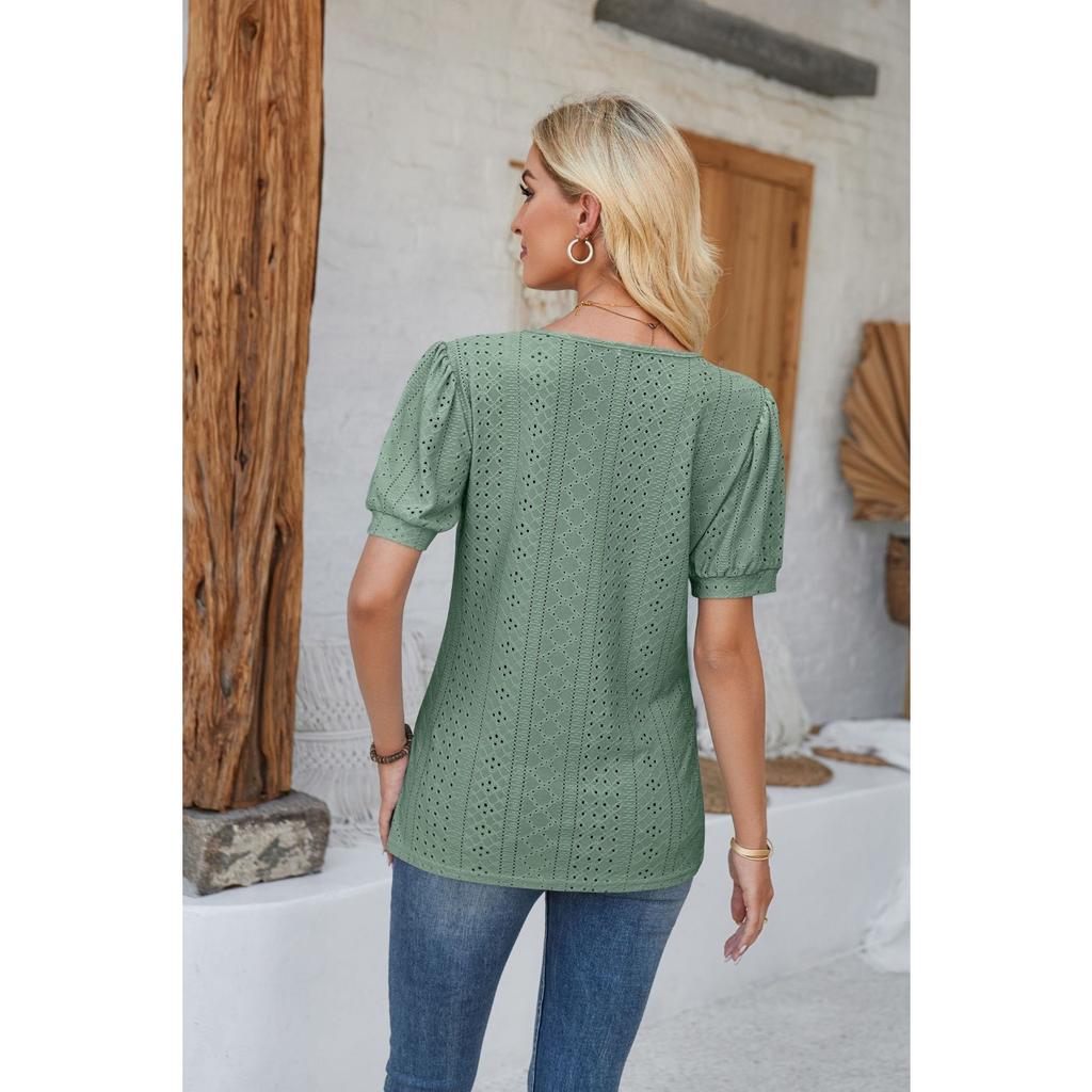 GMXIA Women's Spring Summer Buttoned Round Neck Puffy Sleeve Loose Solid Color T-shirt