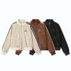 Couple'S Striped PU Leather Jacket Cropped Stand Collar Varsity Style Coat