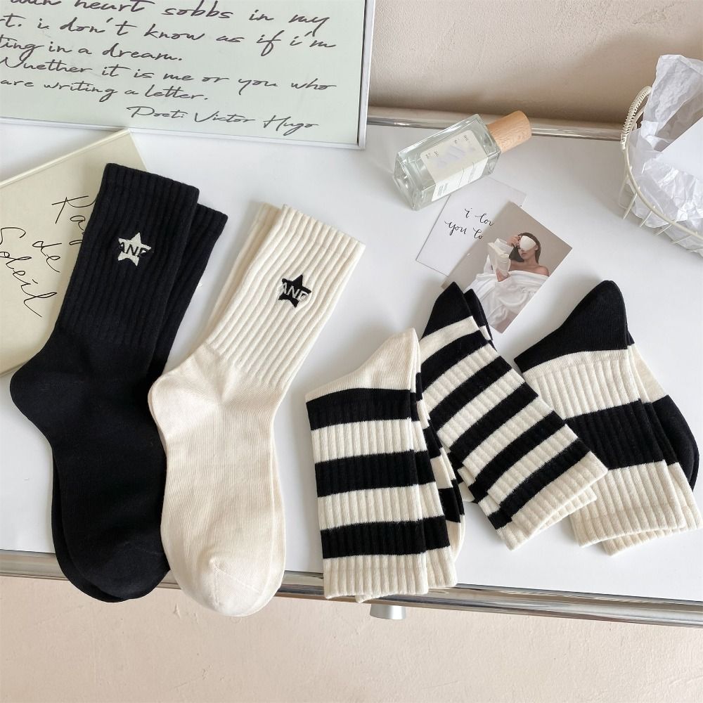 

5Pairs Letter Mid Tube Socks Patchwork Cotton Socks Sweet Striped Socks Women Sports 5pairs
