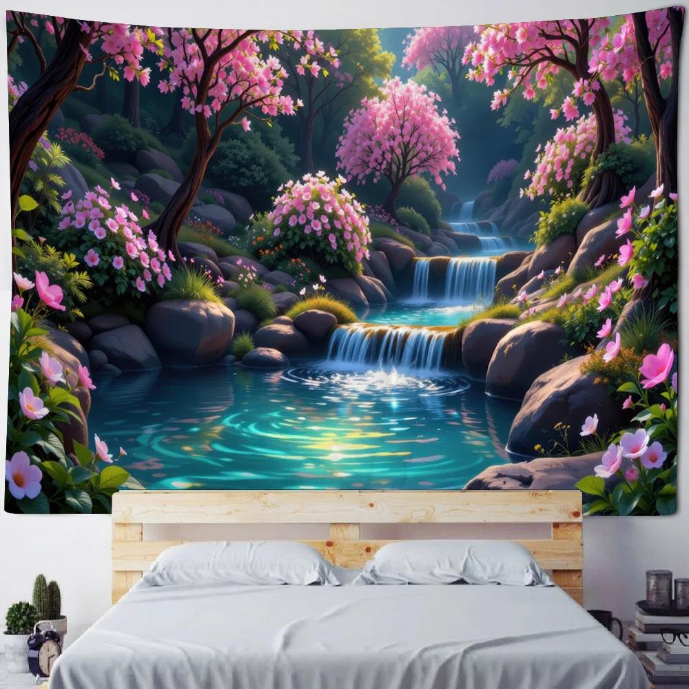 Dreamy Flower Waterfall Wall Hanging Tapestry Soft Polyester Fabric Painting for Living Room Bedroom Office Dormitory Party Deco