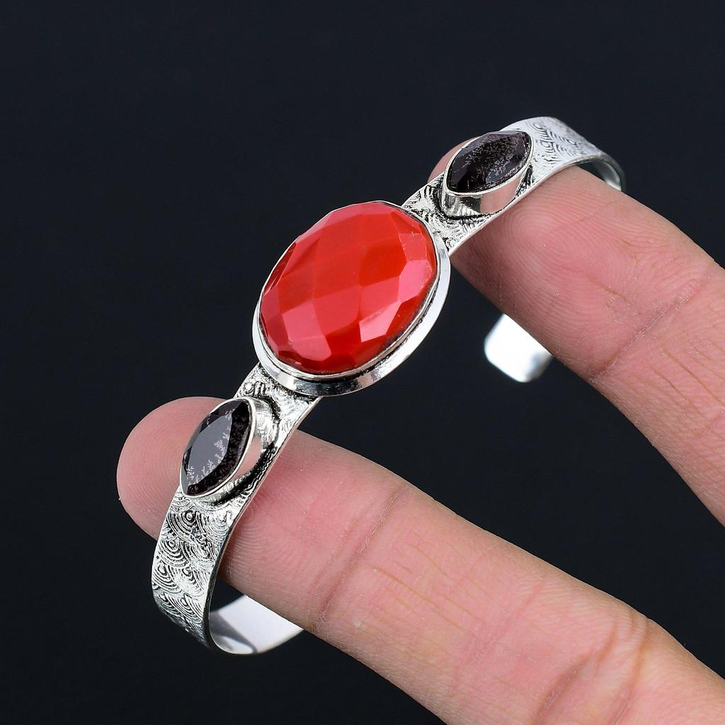 Gift For Her 925 Sterling Silver Natural Red Coral Gemstone Bangle Adjustable
