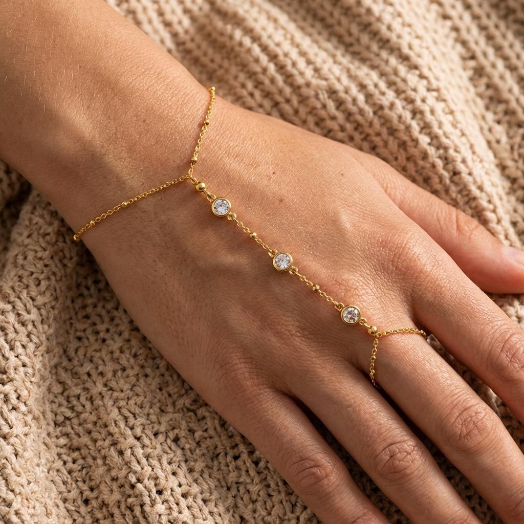 Braccialetti ad Anello per Dita Collegati con Strass Multistrato in Acciaio Inossidabile per Donna Braccialetto con Catena Sottile Fatta a Mano Gioielli da Festa