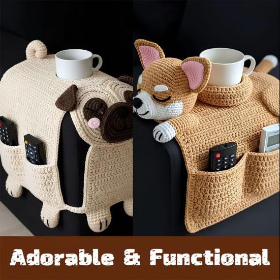 Dog Sofa Arm Organizer Crochet Dog Sofa Armrest Organizer with 2 Pockets And 1 Mug
