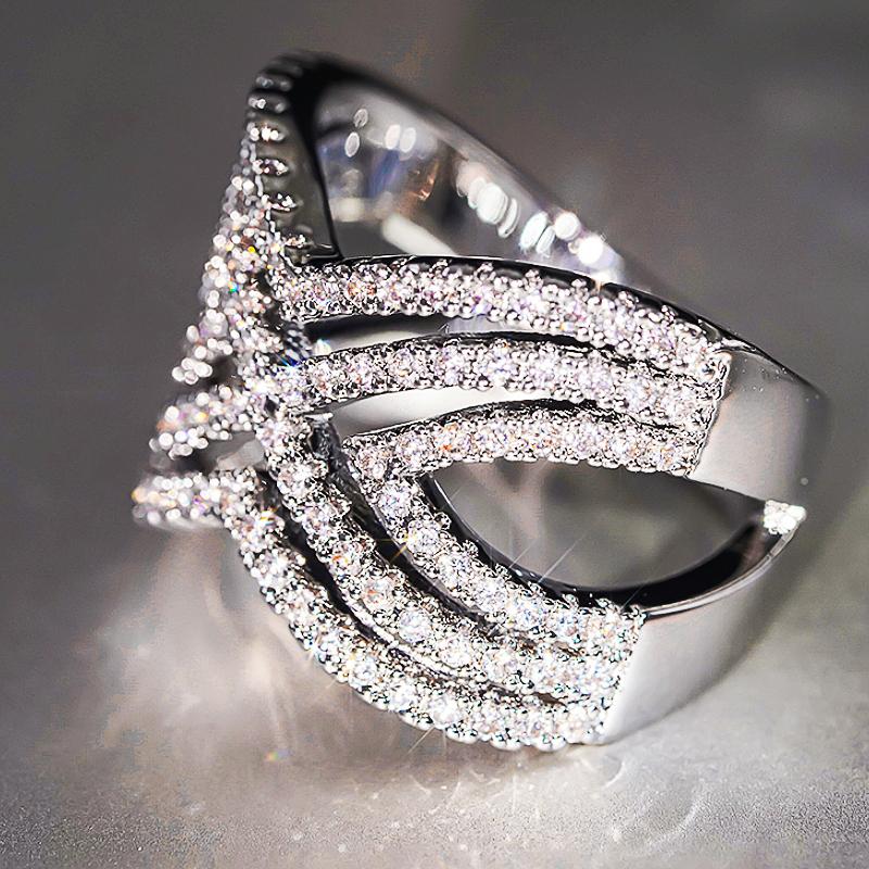 Gorgeous Cross Ring Female Brilliant Cubic Zirconia Silver Color Finger Jewelry Luxury Wide Accessories for Daily Party