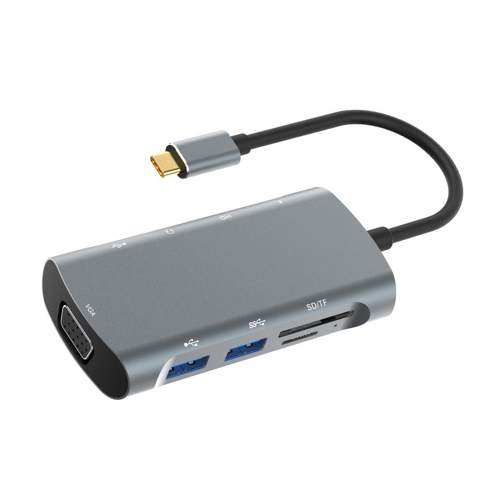 USB C Hub 9 In 1 Docking Station Type C M to PD+USB3.0+USB2.0*2+Card Reader+HD+VGA Support 4K*2K 30Hz Output