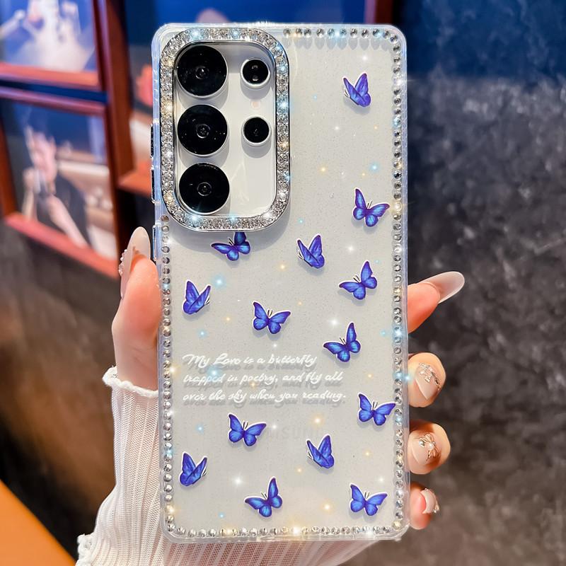 The Flash Diamond Frame Is Suitable for Samsung S25Ultra Mobile Phone Case, Painted Flower Butterfly Mirror Holder, New A56 Case.
