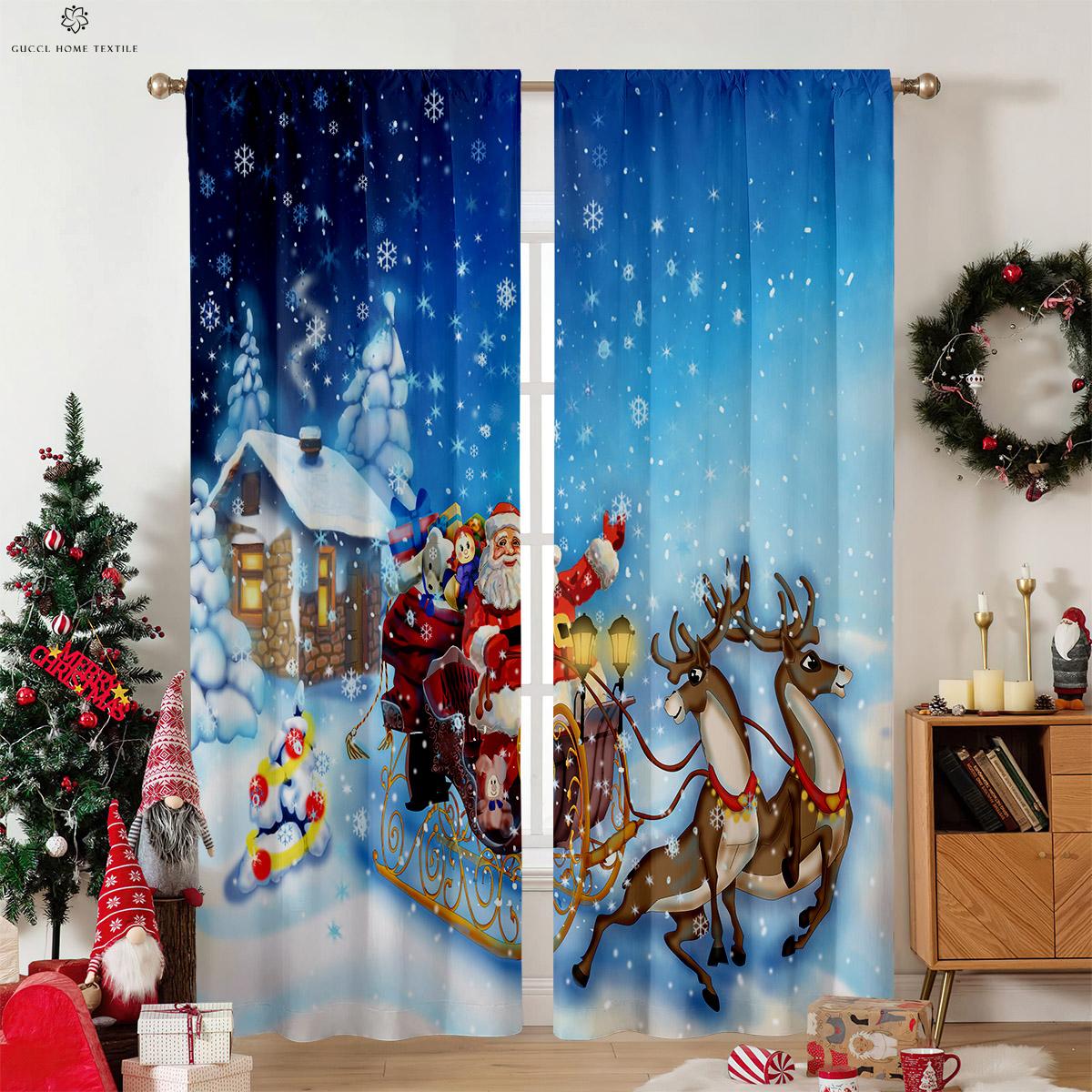 

Christmas Wood Grain Snowflake Elk Printed Window Curtains Retro Country Style Decoration Curtains Bed Room Living Room Curtains W50xH130(CM)x2PCS&Grommet Top
