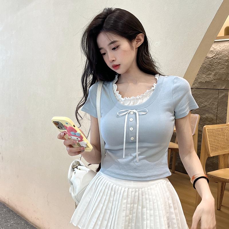 

Женский приталенный летний топ с короткими рукавами, состоящий из двух частей, молочно-голубого цвета L - Premium светло-синий