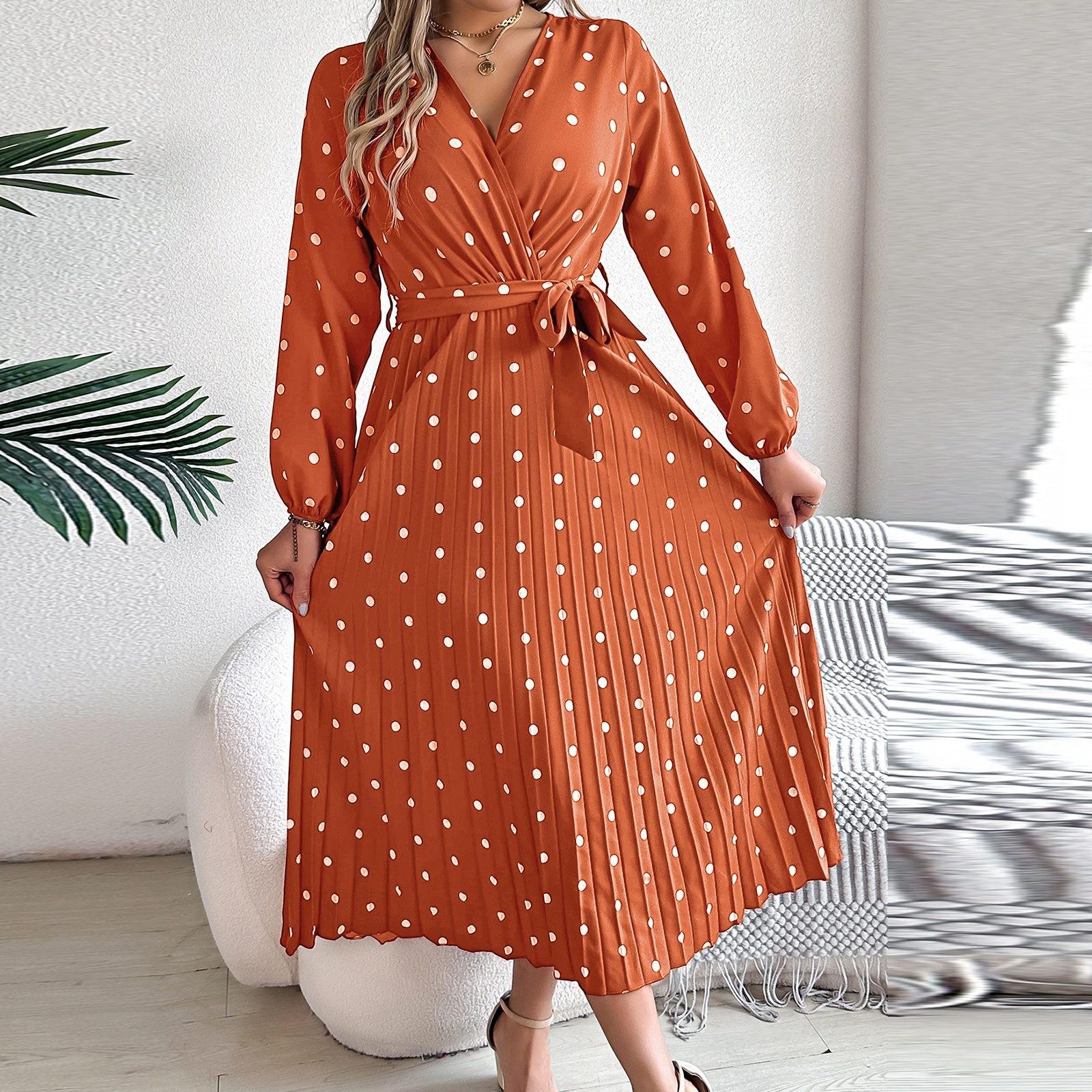 Женское модное элегантное плиссированное длинное платье в горошек с крестом и V-образным — фото 3