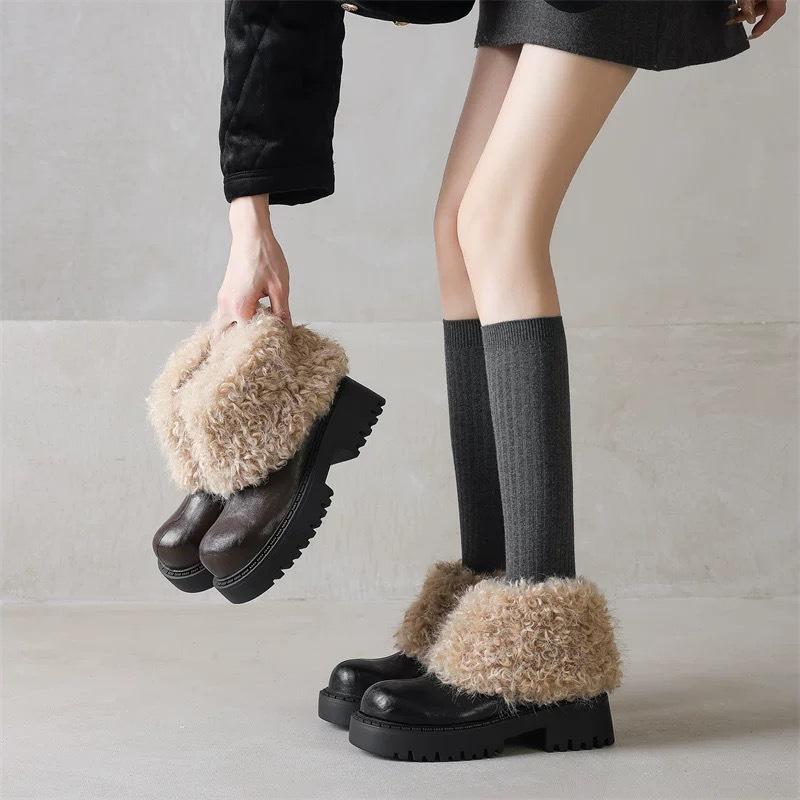 Women's large size soft sole heightening winter warm fur one non-slip snow boots padded lined ankle boots fur cotton boots Martin boots