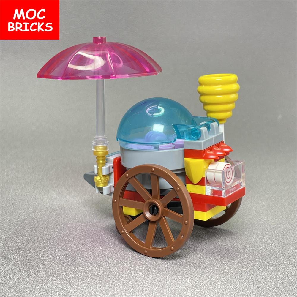 MOC Bricks Cotton Candy Cart City Street View Roadside Stalls Building Blocks Toys for Children Assemble DIY Dolls