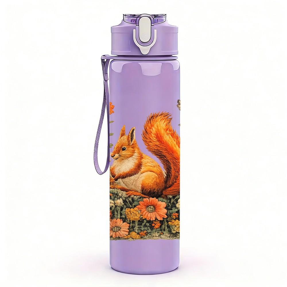 1PC Squirrel Autumn Harvest Scene Print 750ml Color Plastic Sports Water Bottle Leakproof Flip Straw Lid Suitable for Sports Office Home Use