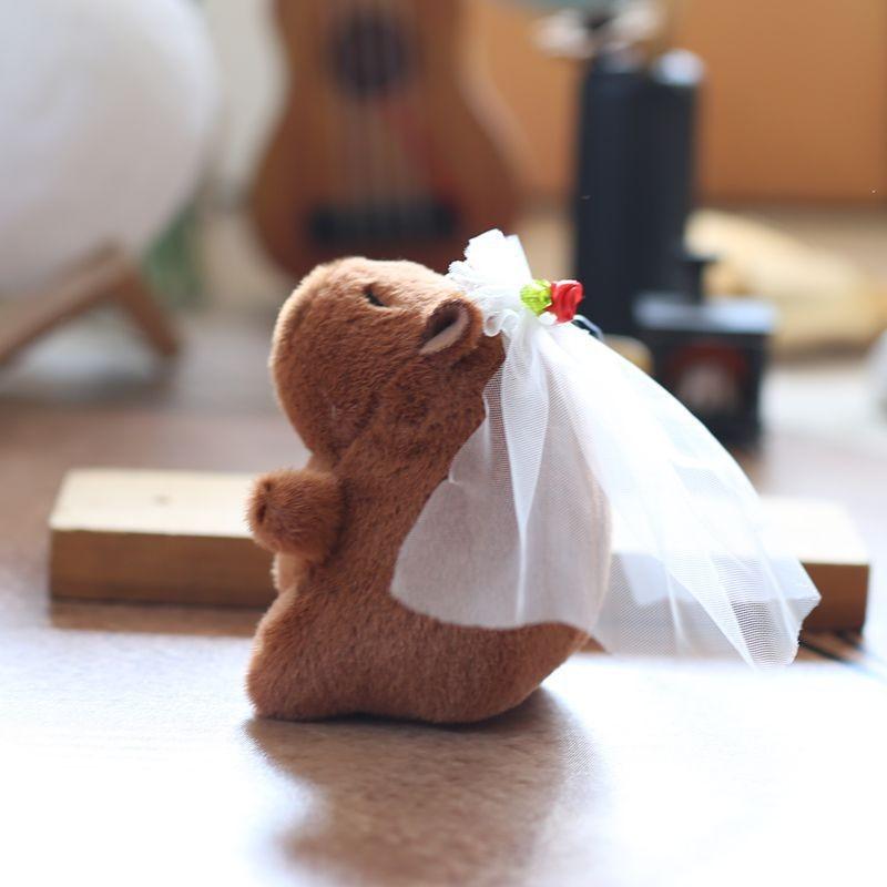 Cute Capybara Wedding With Rose Mesh Headwear Plush Fill Toy Keychain Pendant