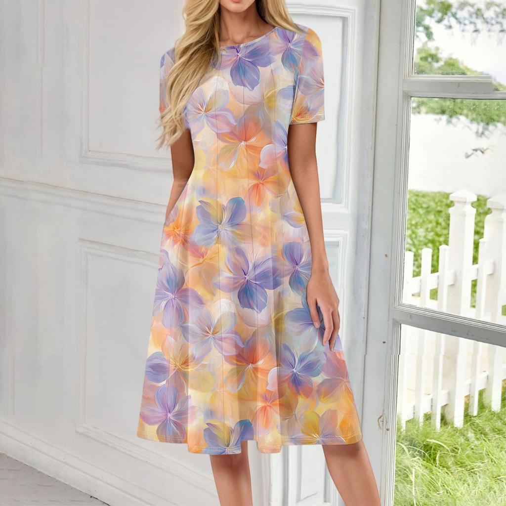 Women's Casual Sundress Summer Boho Beach Dress Floral Blouses For Women O Neck Loose Dresses