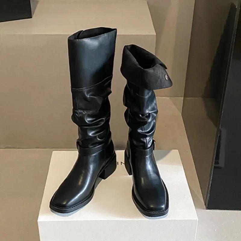 

Женские высокие сапоги, дизайнерская обувь, средний каблук, брендовые мотоциклетные туфли, осень 2025, модные повседневные туфли до колена, мотоциклетные туфли-лодочки 39 чёрный