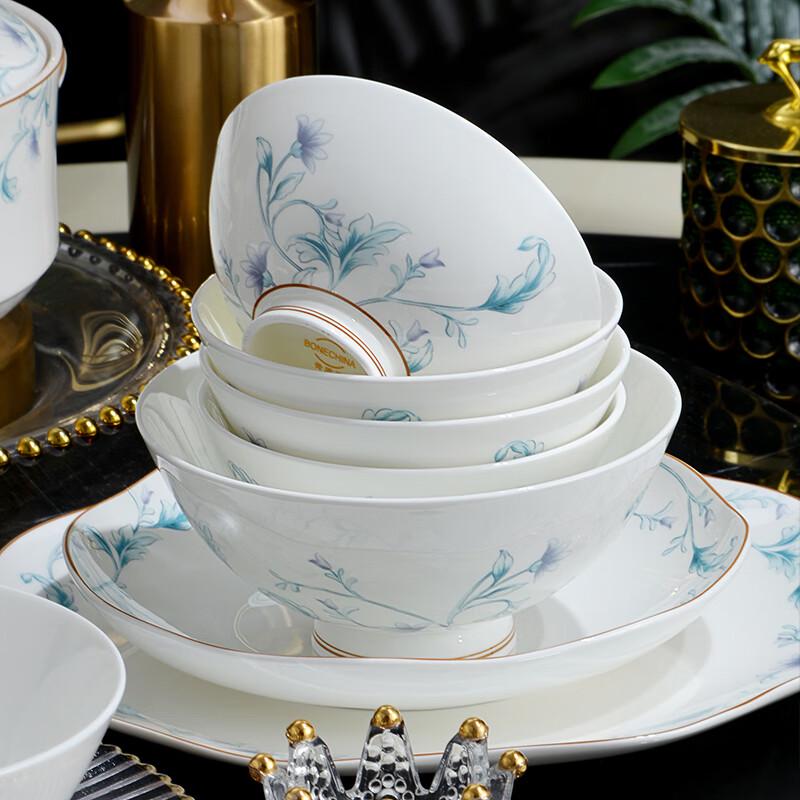 TangHui 50-Piece Chinese Light Luxury Bone China Dinnerware Set - Emerald Vine