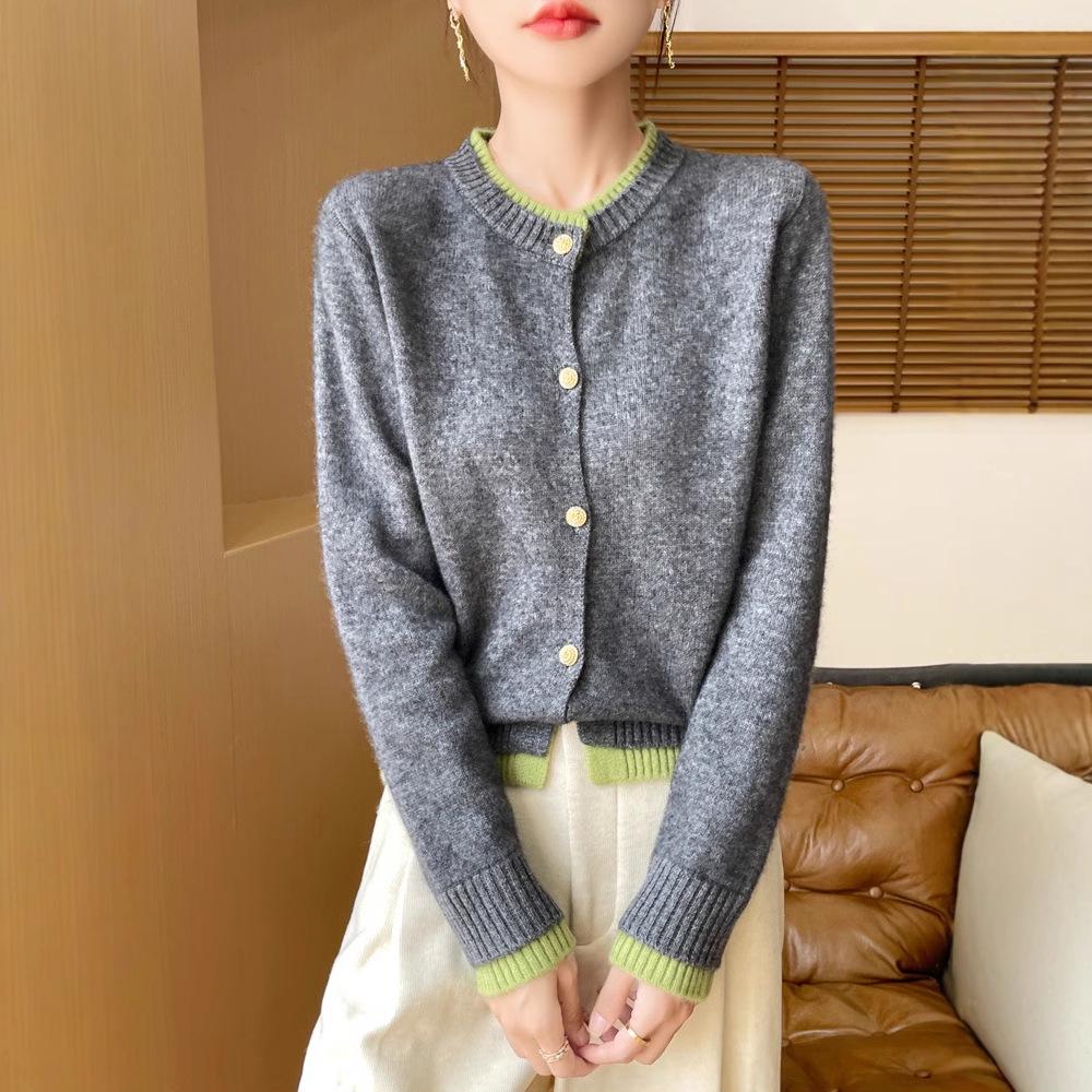 Autumn/Winter Women's Loose Fit 100% Wool Korean Style Color Block Cardigan Sweater