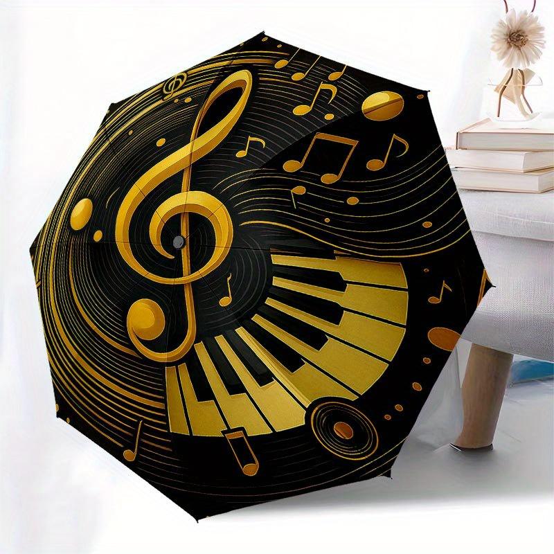Golden Music Notes Vinyl Record Art Print Umbrella, Cute Umbrella with Cute Design, Portable 3-Fold Compact Umbrella for Men & Women, Valentine's Day