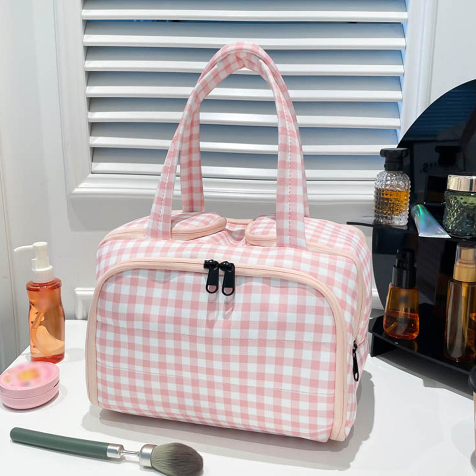 

Double Wide Four Opening Cosmetic Wash Bag with Handle & Compartments Portable Cosmetic Bag Makeup Storage Bag for Women Girls