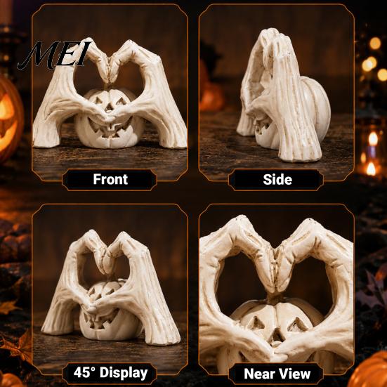 Halloween Gift for Collectors Gothic Skeleton Heart Hand Sculpture, Spooky Resin Abstract Pumpkin Statue, Vintage Yellowed Paint Statue Shape