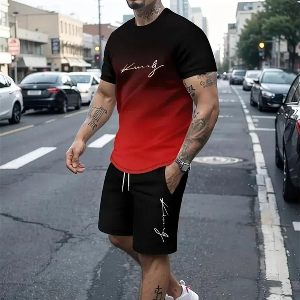 Summer Men's Simple Letter Printed Pattern Short Sleeve Shorts Set Summer Men's Street Round Neck T-Shirt Drawstring Shorts Set