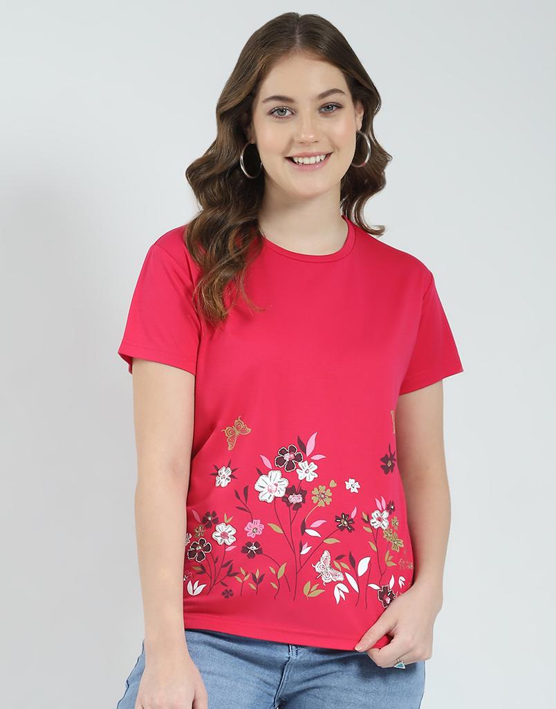 MONTE CARLO Women's Regular Fit Self Designed Half Sleeve Round Neck Top