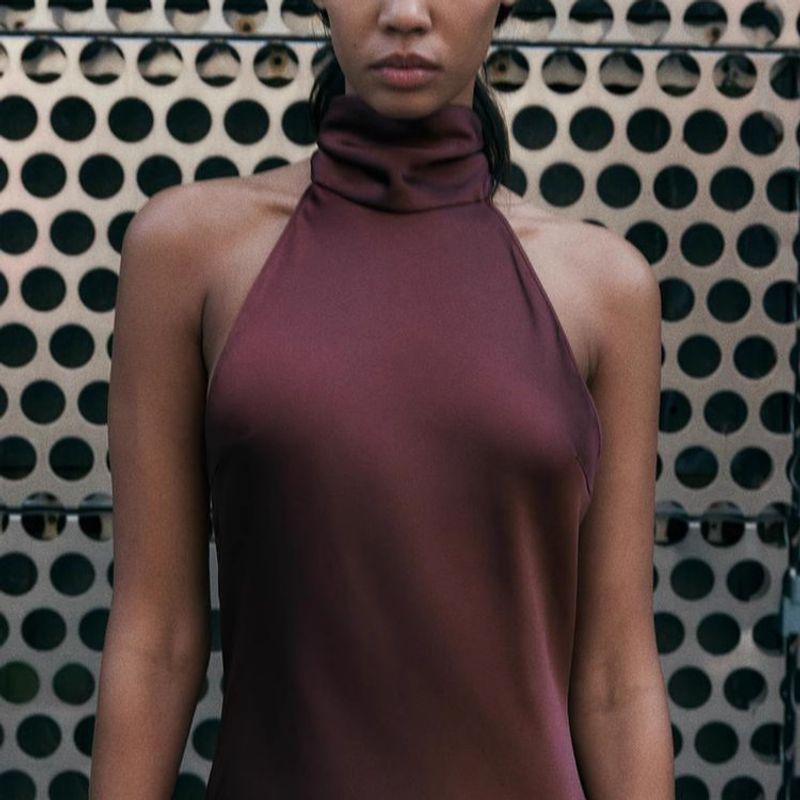 Spring New Arrival Women's Sleeveless A- line Dress Halterneck Silk Satin Texture Half Turtleneck Dress 8739331