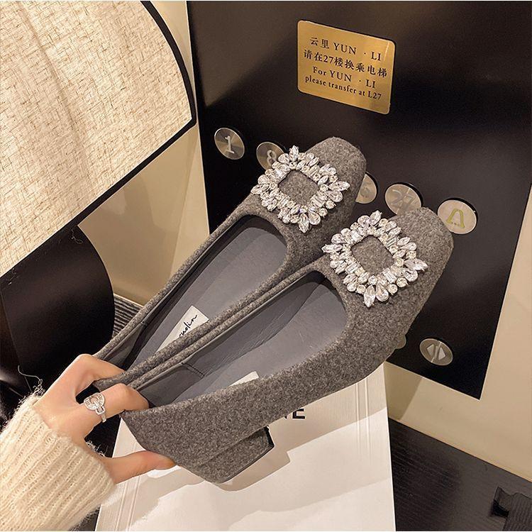 Rhinestone Square Buckle Single Shoes Women's Spring and Autumn French Small Heel Low Heel Medium Heel Grandma Ladyshoes Temperament Blac