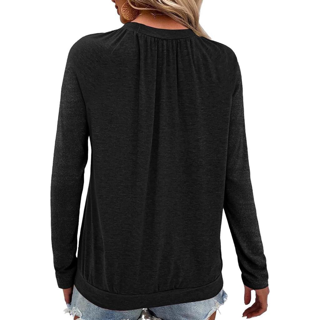 Women's V-neck Pleated Solid Color Casual Long-sleeved Loose T-shirt Top